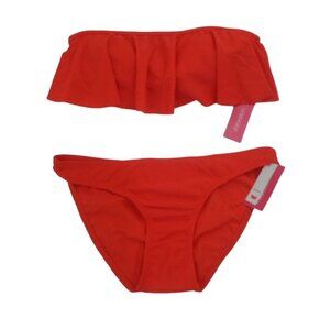 NWT Xhilaration Red 2pc Bikini Set Ruffle Bandeau Top w Strap Hipster Bottom
